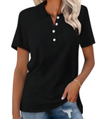 Shirt Women Polo Collar Cotton | Relaxed Short Sleeve in Black#colour_black