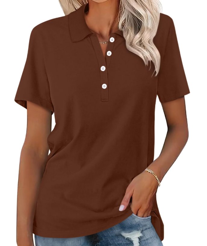 Shirt Women Polo Collar Cotton | Relaxed Short Sleeve in Brown#colour_brown