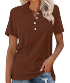 Shirt Women Polo Collar Cotton | Relaxed Short Sleeve in Brown#colour_brown