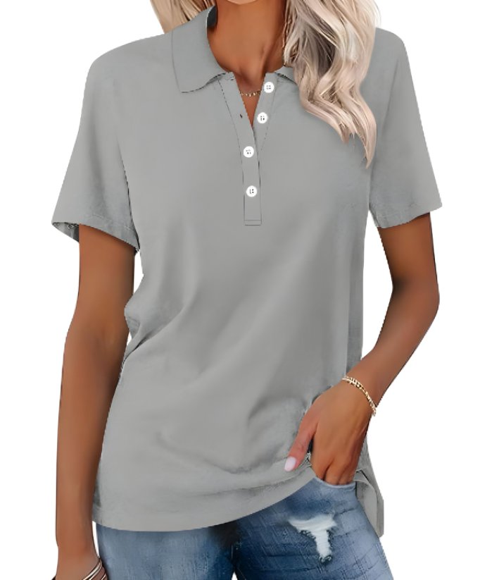 Shirt Women Polo Collar Cotton | Relaxed Short Sleeve in Grey#colour_grey