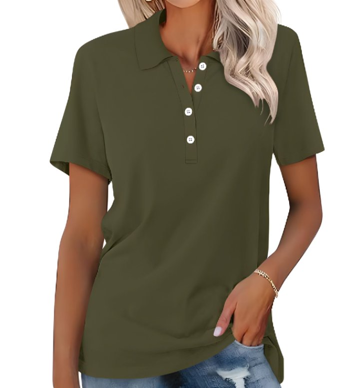 Shirt Women Polo Collar Cotton | Relaxed Short Sleeve in Dark Green#colour_dark-green