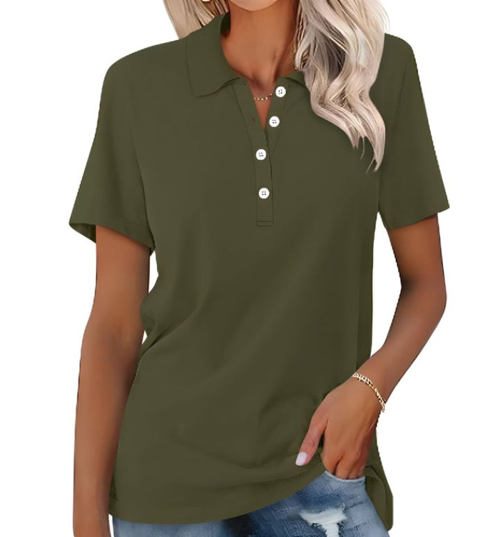 Shirt Women Polo Collar Cotton | Relaxed Short Sleeve in Dark Green#colour_dark-green