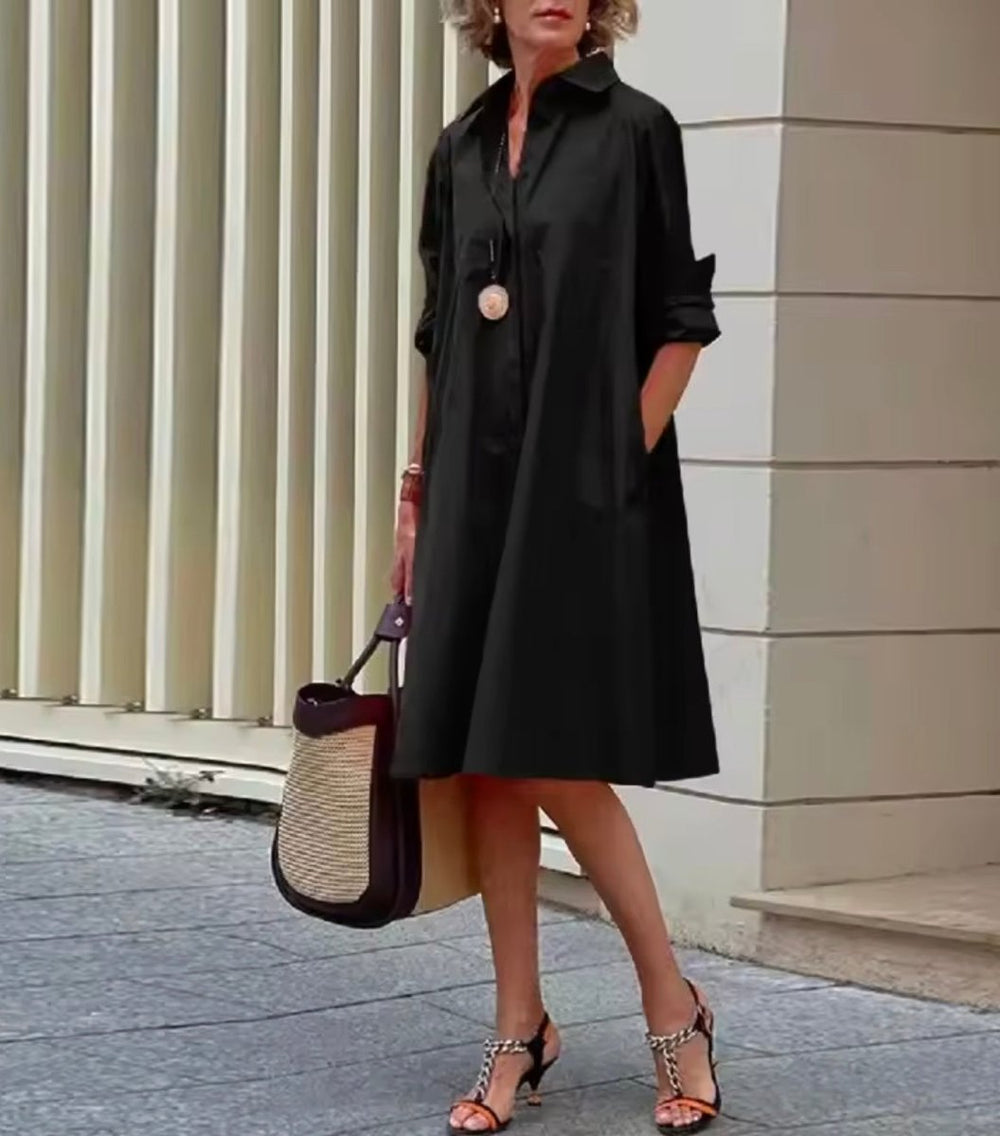 Shirt Dress Women Crisp Cotton Poplin | Roll Up Sleeves and A Line Skirt in Black#colour_black