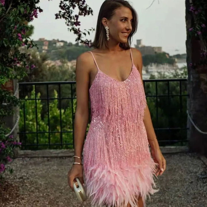 Cocktail Dresses Sequin Fringe Slip Mini | Feather Hem Spaghetti Straps in Light Pink#colour_light-pink