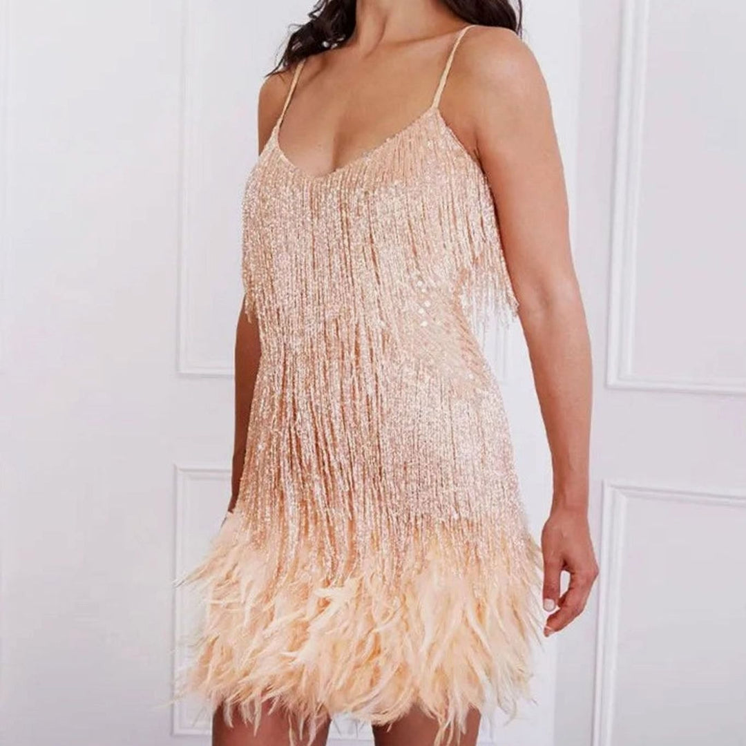 Cocktail Dresses Sequin Fringe Slip Mini | Feather Hem Spaghetti Straps in Beige#colour_beige