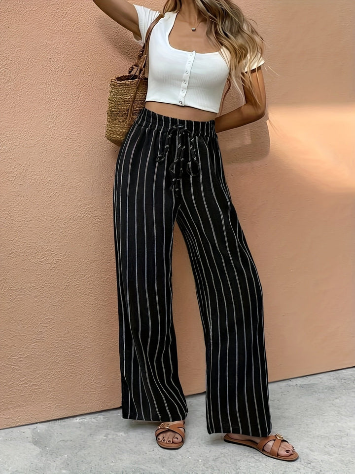 Linen Pants Women Fine Pinstripe | High Drawstring and a Long Wide Leg – Black #colour_black
