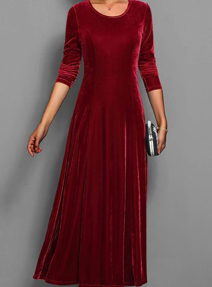 Party Dresses Velvet Long Sleeve A line | Round Neckline in Red#colour_red