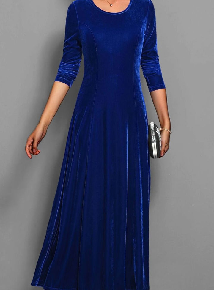 Party Dresses Velvet Long Sleeve A line | Round Neckline in Blue#colour_blue