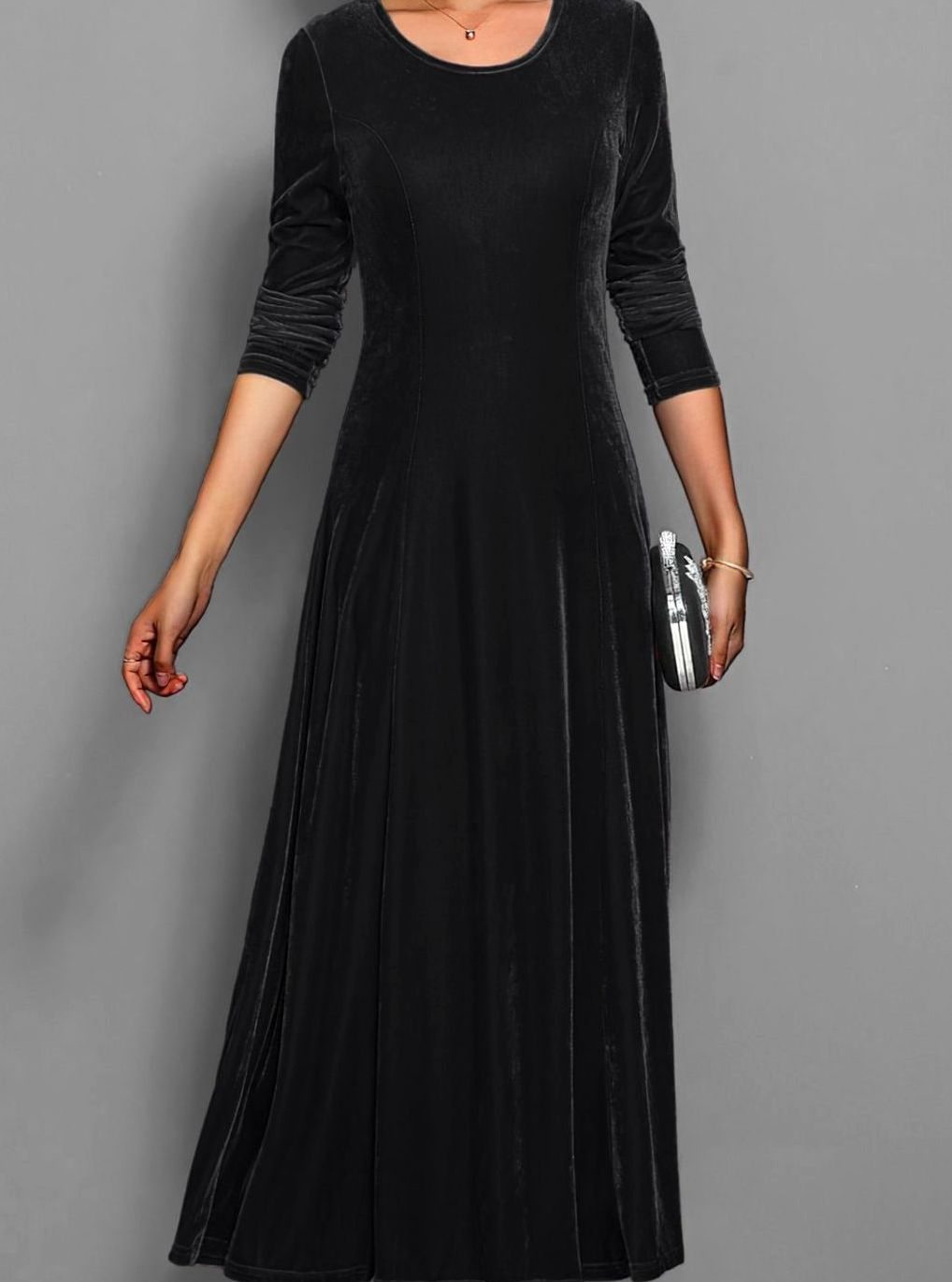 Party Dresses Velvet Long Sleeve A line | Round Neckline in Black#colour_black