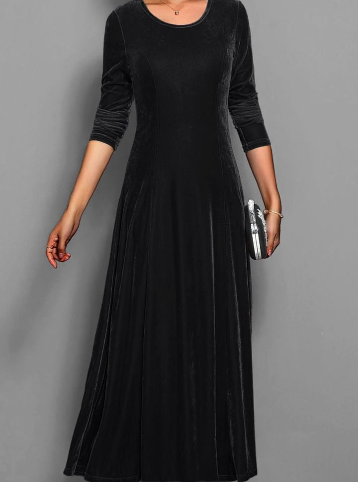 Party Dresses Velvet Long Sleeve A line | Round Neckline in Black#colour_black