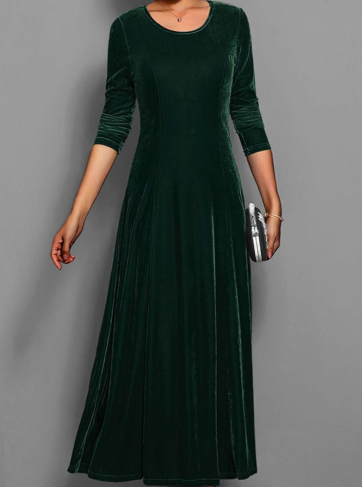Party Dresses Velvet Long Sleeve A line | Round Neckline in Dark Green#colour_dark-green