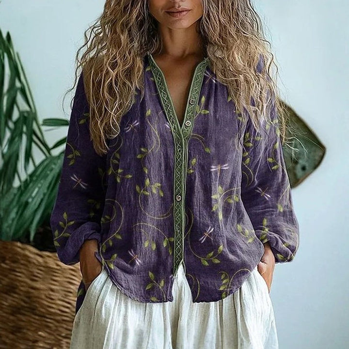 Shirt Women Leaf Print | Button Down Long Sleeves in Purple#colour_purple