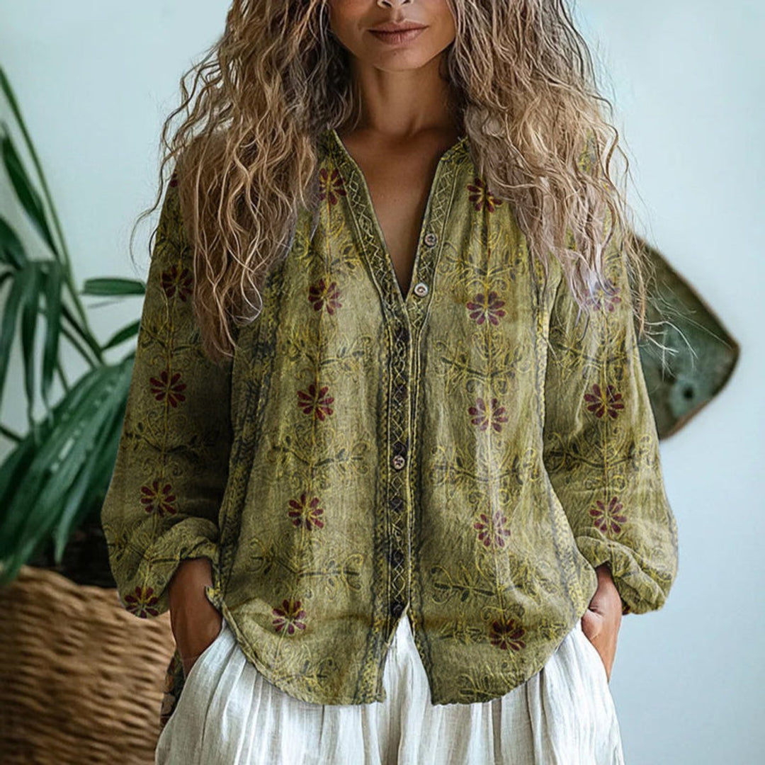 Shirt Women Leaf Print | Button Down Long Sleeves in Green#colour_green