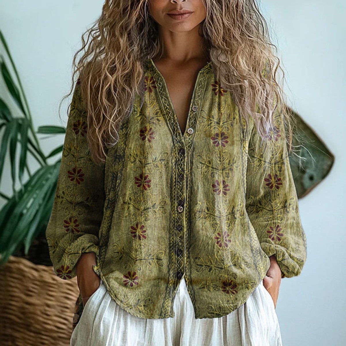 Shirt Women Leaf Print | Button Down Long Sleeves in Green#colour_green