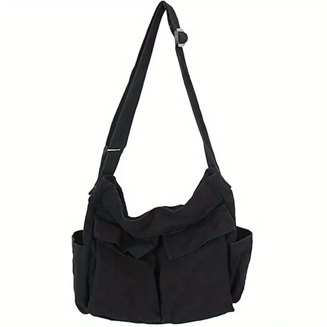 Crossbody Bag Women Slouchy Canvas | Wide Strap and Flap Pockets – Black #colour_black