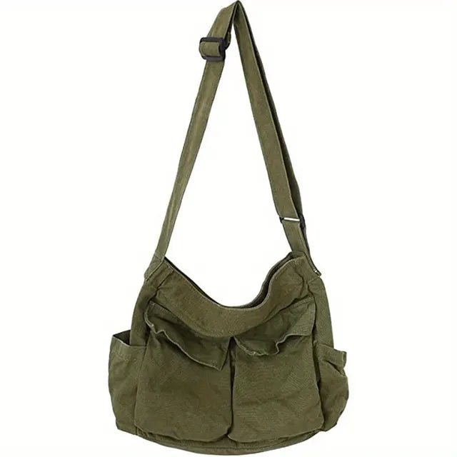 Crossbody Bag Women Slouchy Canvas | Wide Strap and Flap Pockets – Olive #colour_olive