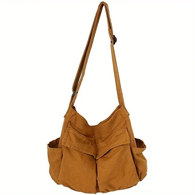 Crossbody Bag Women Slouchy Canvas | Wide Strap and Flap Pockets – Khaki #colour_khaki