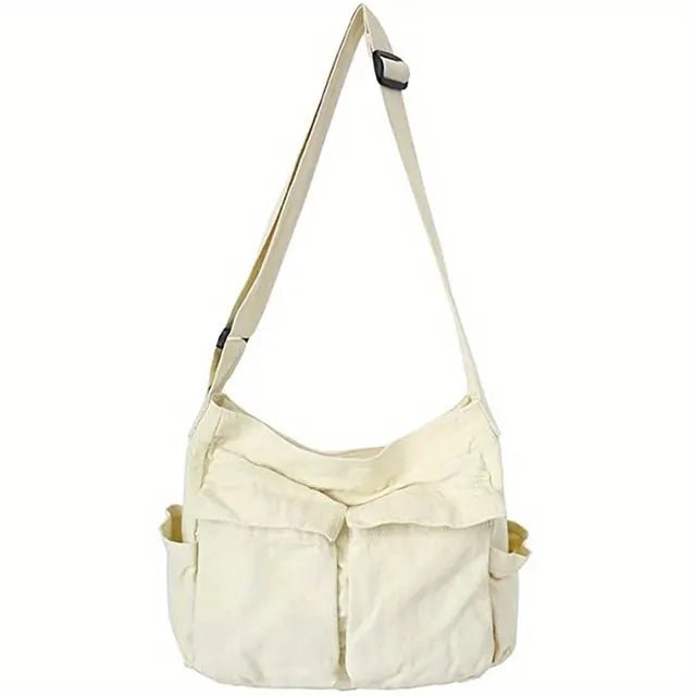 Crossbody Bag Women Slouchy Canvas | Wide Strap and Flap Pockets – White #colour_white