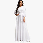 Linen Dress Women Balloon Sleeves | Self Tie Belt at the Waist – White #colour_white