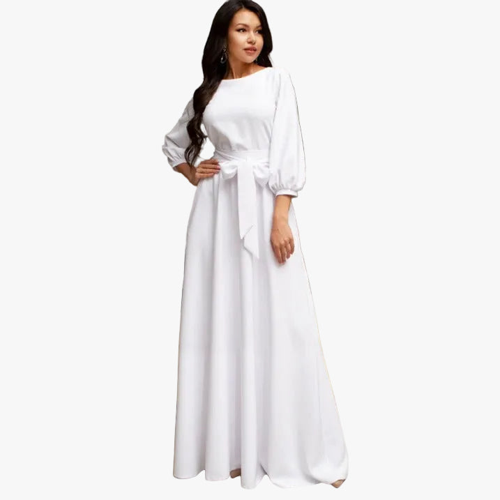 Linen Dress Women Balloon Sleeves | Self Tie Belt at the Waist – White #colour_white