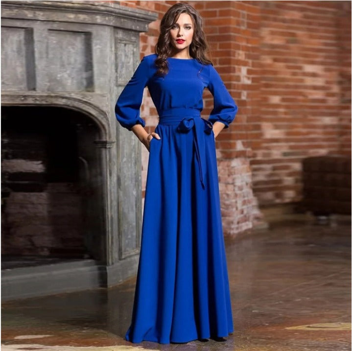 Linen Dress Women Balloon Sleeves | Self Tie Belt at the Waist – Blue #colour_blue