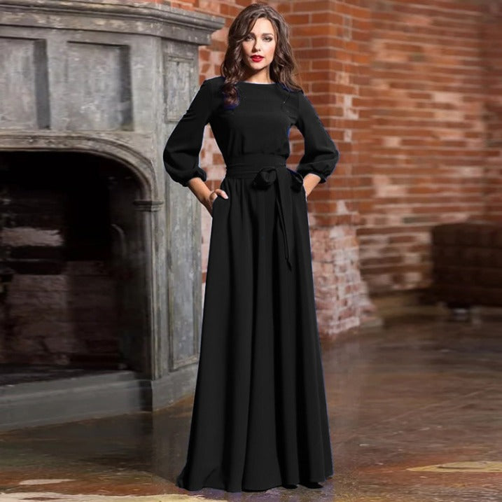 Linen Dress Women Balloon Sleeves | Self Tie Belt at the Waist – Black #colour_black