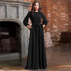 Linen Dress Women Balloon Sleeves | Self Tie Belt at the Waist – Black #colour_black