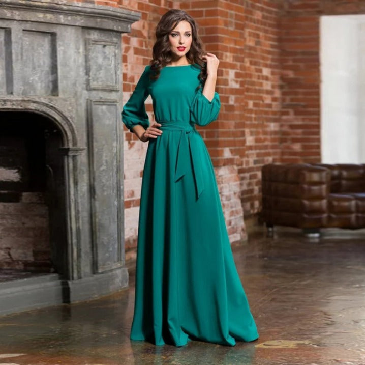 Linen Dress Women Balloon Sleeves | Self Tie Belt at the Waist – Green #colour_green