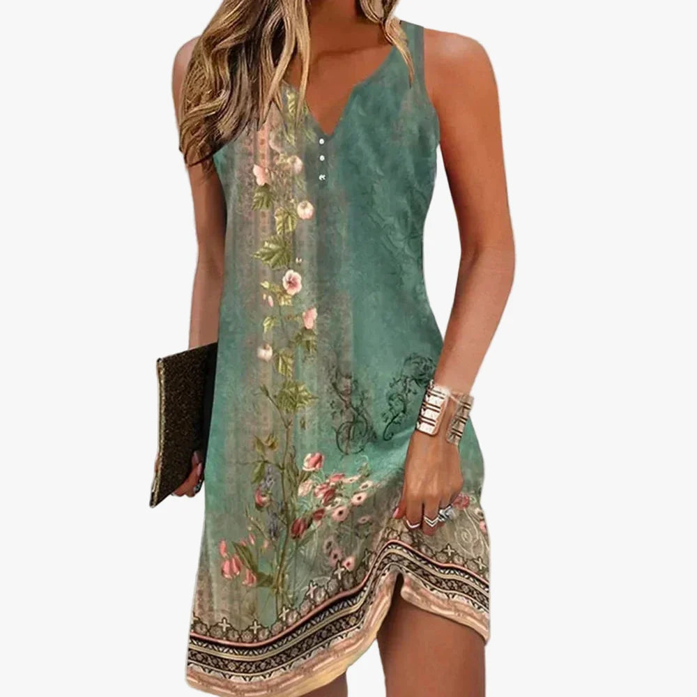 Mini Dress Women Border Print | Breezy Sleeveless V Neck – Green #colour_green