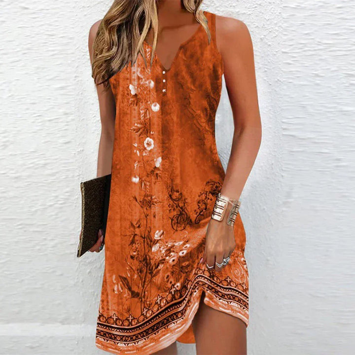 Mini Dress Women Border Print | Breezy Sleeveless V Neck – Orange #colour_orange