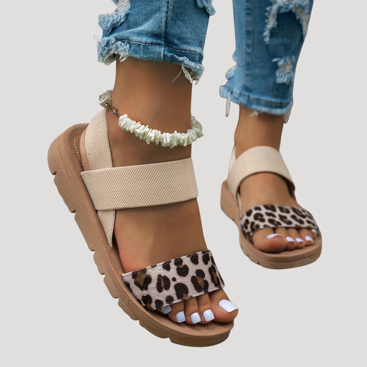 Flat Sandals Women Leopard Print | Chic Cross Strap Thick Sole – Beige #colour_beige